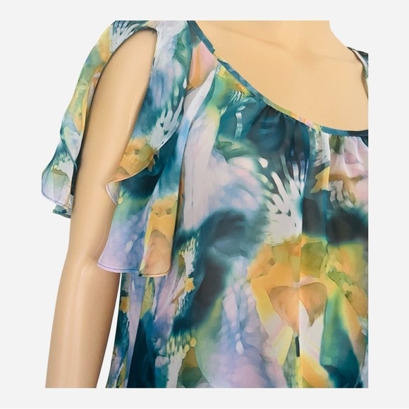 ANA anew approach abstract multicolor blouse top flared sleeves cold shoulder PM - Picture 2 of 12